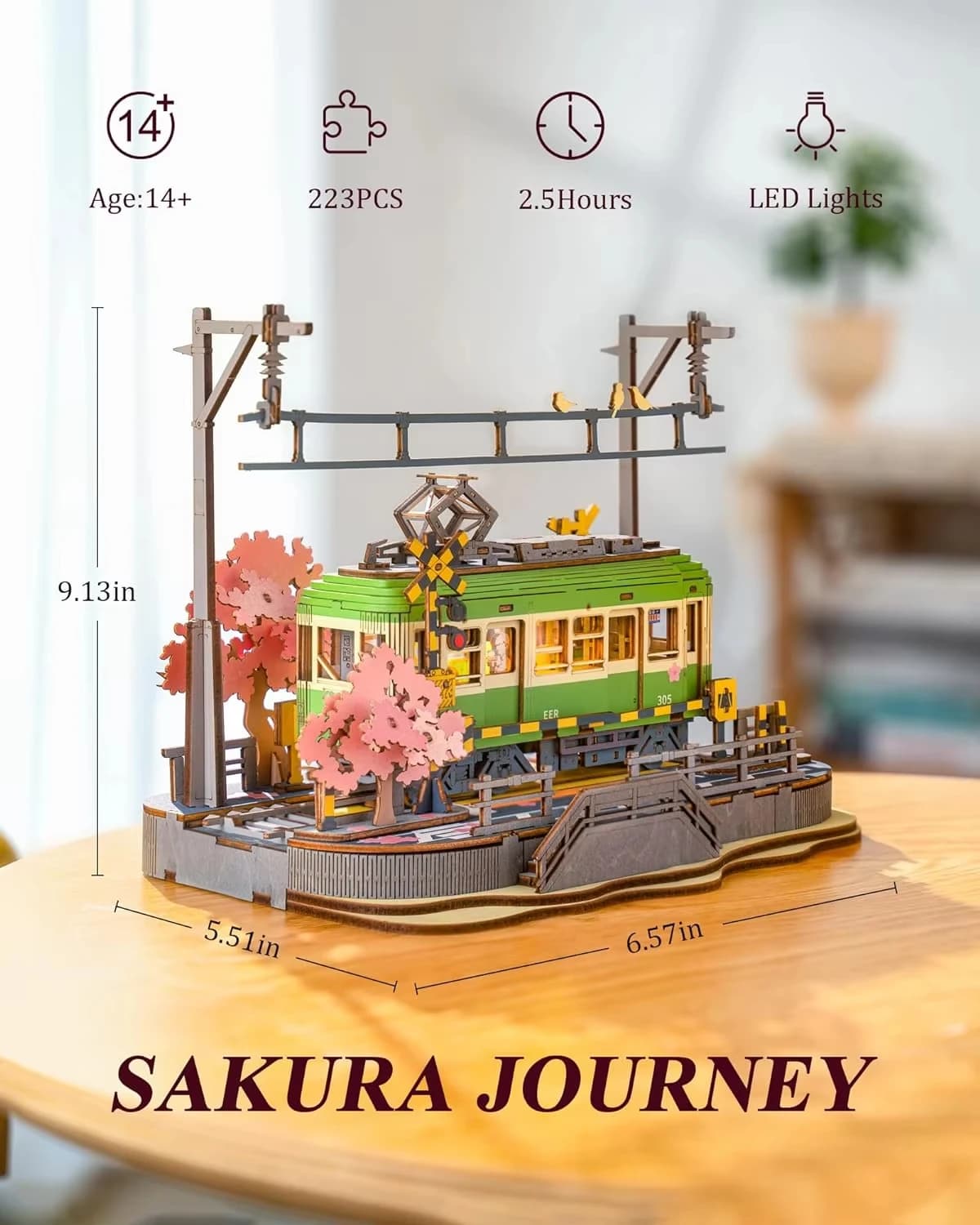 Sakura Journey Tram Puzzle in legno 3D Kit di blocchi di costruzione giocattolo per auto assemblato in legno Regalo creativo per ragazze dei ragazzi 223 pezzi