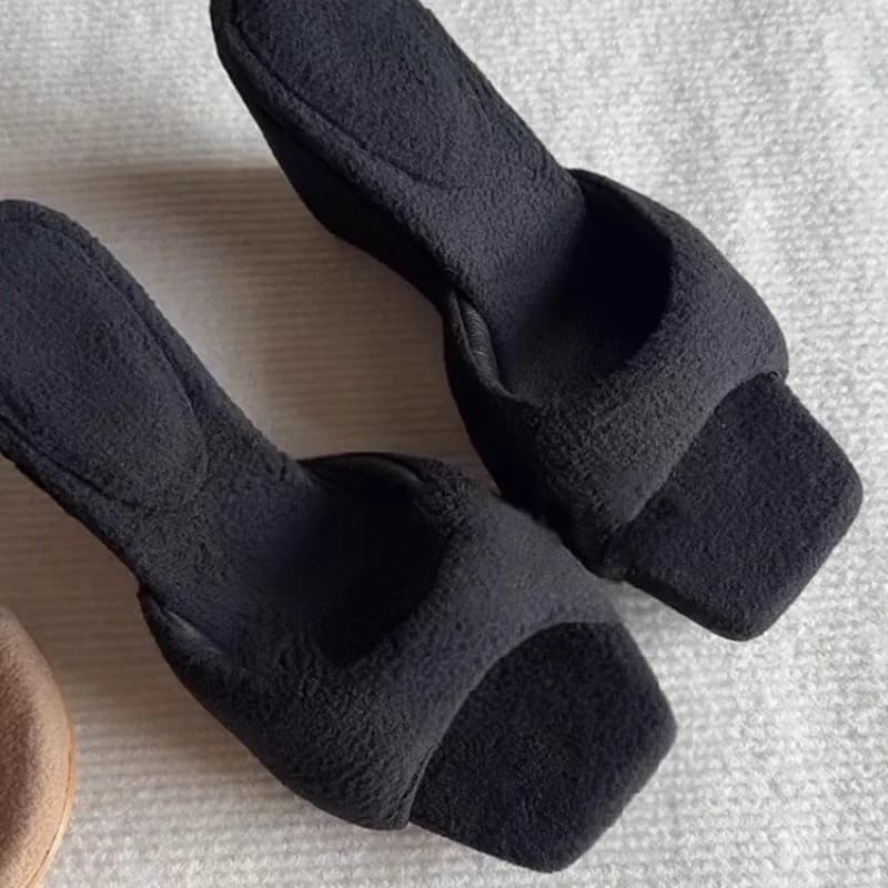 Ciabatte da donna con tacco a zeppa, in pile felpato, a punta quadrata, stile di nicchia, versatili