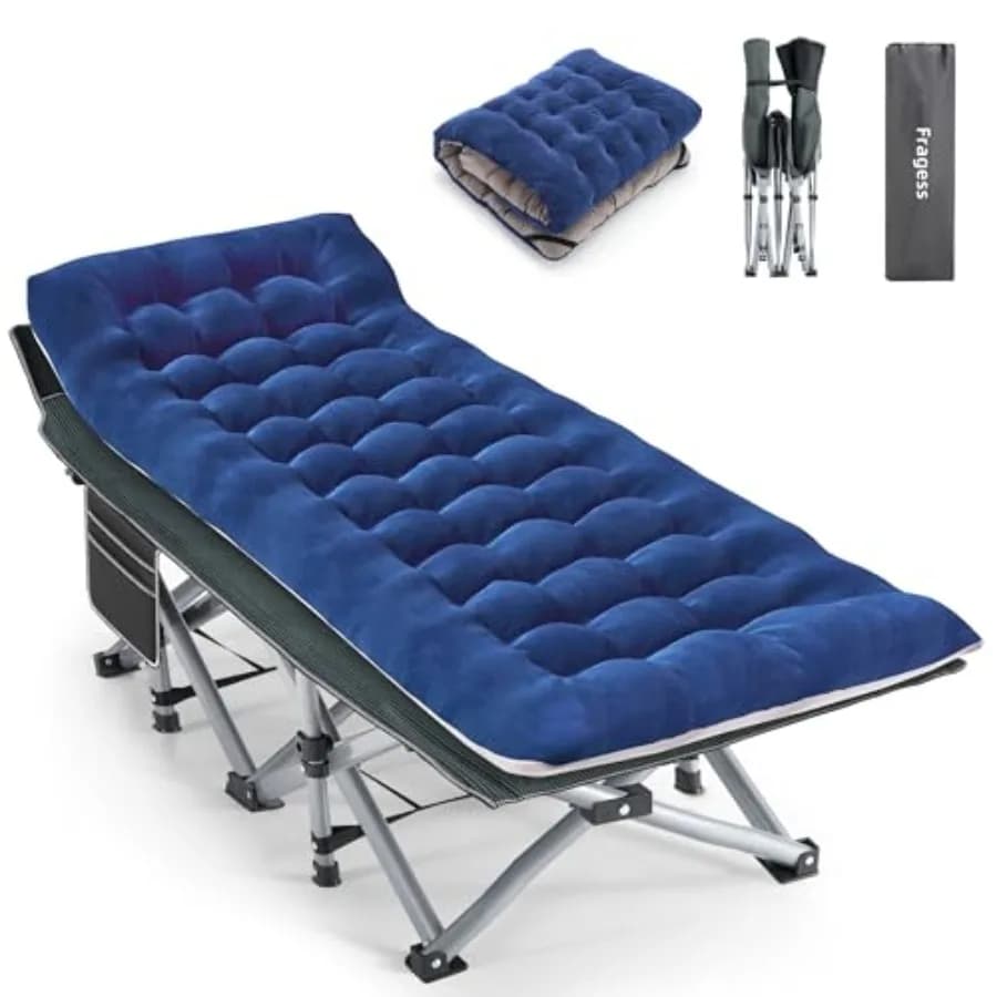 Portable camping cot with pillow and bag for transport, made of double layer Oxford 1200D fabric, maximum capacity 600 pounds.
