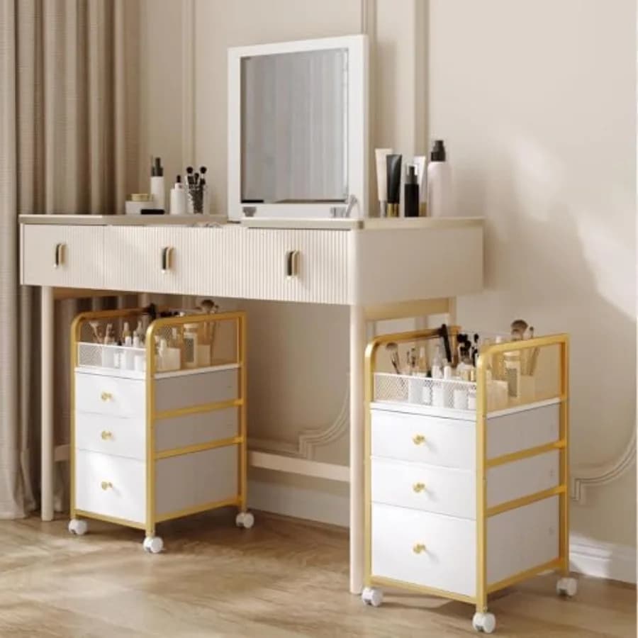 Carrello Organizzatore Trucchi con Ruote e 3 Cassetti, Sotto Scrivania, per Vanity, Bagno e Esposizione Cosmetici
