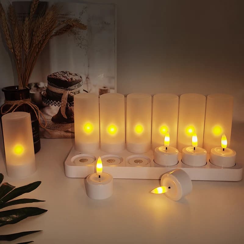 Set of 12 Flameless Candle w/timer Remote Magnetic Charging Base Rechargeable LED Tea Light Candles Outdoor Lantern Wedding Deco