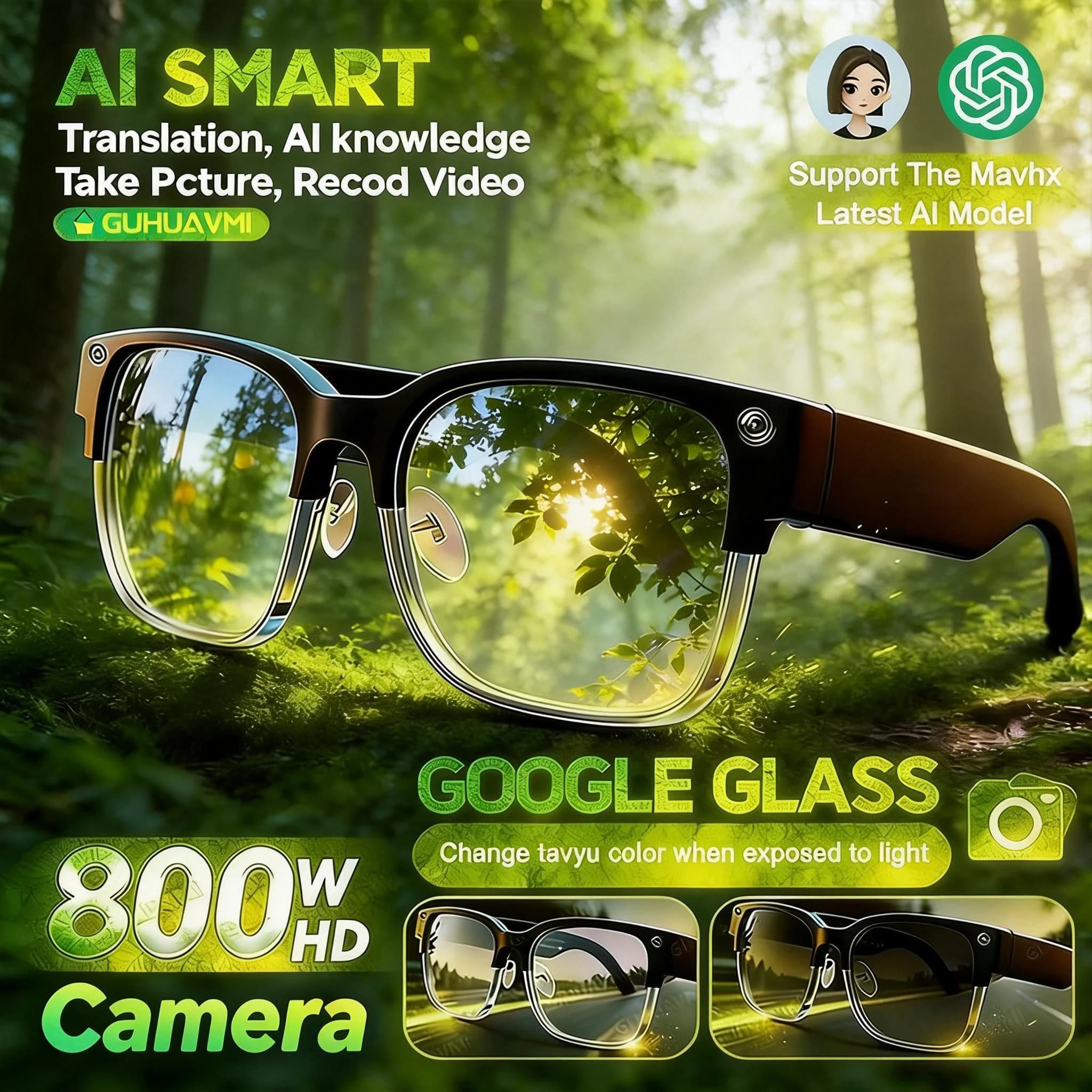 AI 2026 Smart Glasses with 4K HD Video, 800W Camera, 32GB, WiFi Transfer, Calls, Vocal Assistant, Music, GPT Chat, Translation, Men's Sunglasses
