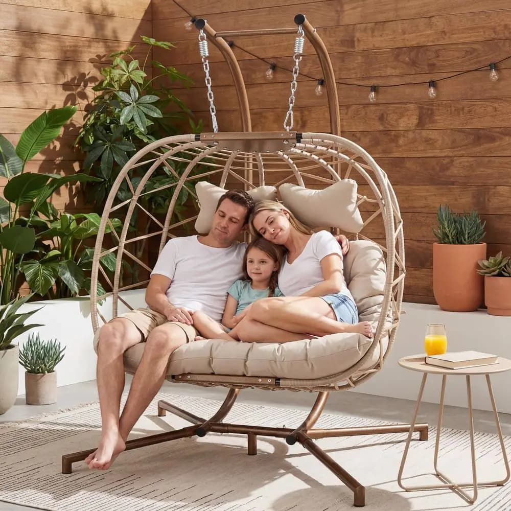 Sedia a dondolo a forma di uovo per 2 persone con supporto, amaca sospesa oversize in stile boho, divanetto in vimini con cuscino, comoda sedia da esterno per patio