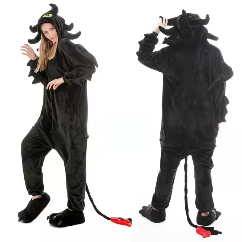 Drago nero Flanella Coral Fleece Animale del fumetto Pigiama intero Coppia strana Pigiama Anime Pigiama invernale Donna