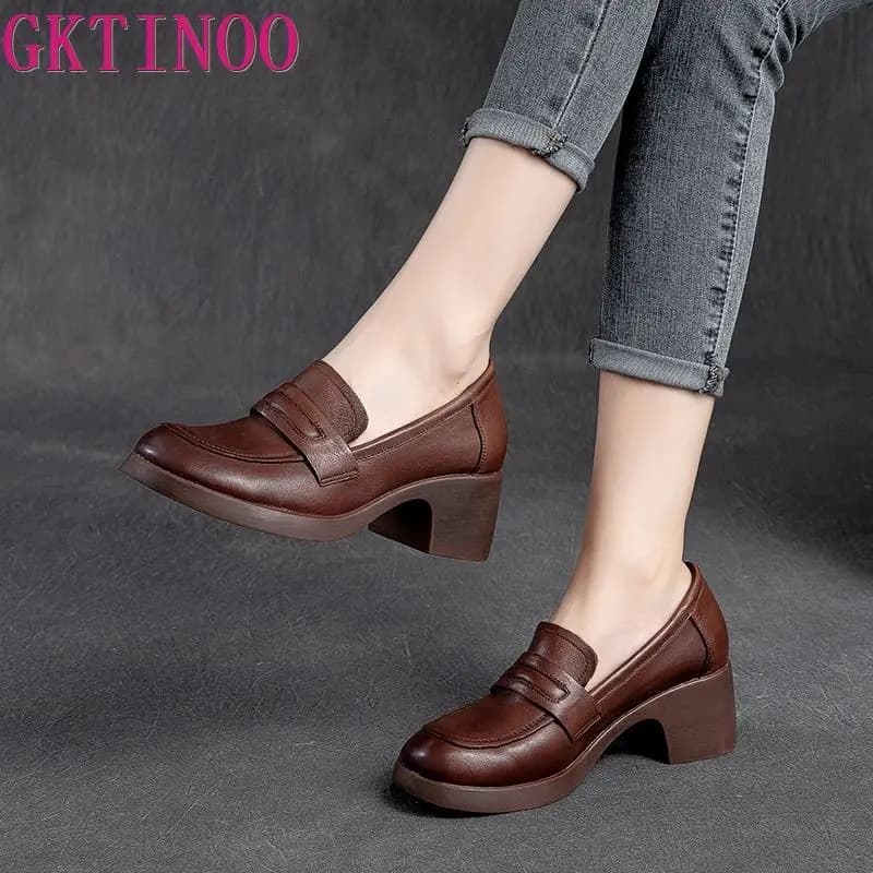 GKTINOO 2026 Women's Penny Moccasins in Vera Vacchetta Leather, Round Toe, Sole thick, Slip-On, Casual Shoes with Plateau Handmade