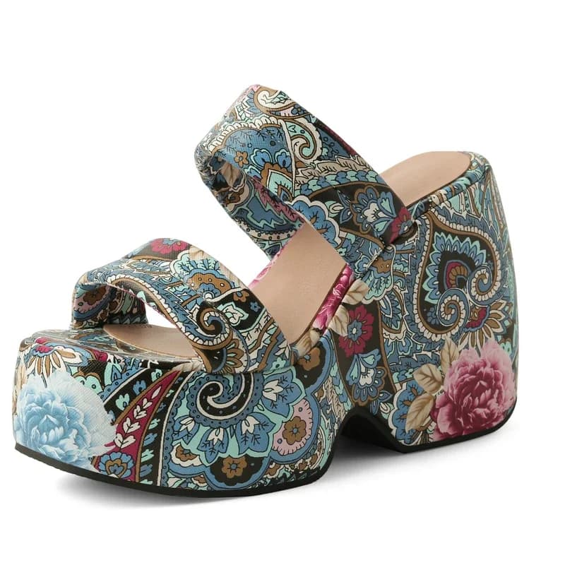 Ethnic Paisley Floral Designer Women Luxury Slides Sandals Bohemian Platform Wedges High Heels Summmer Shoes Mules Slippers
