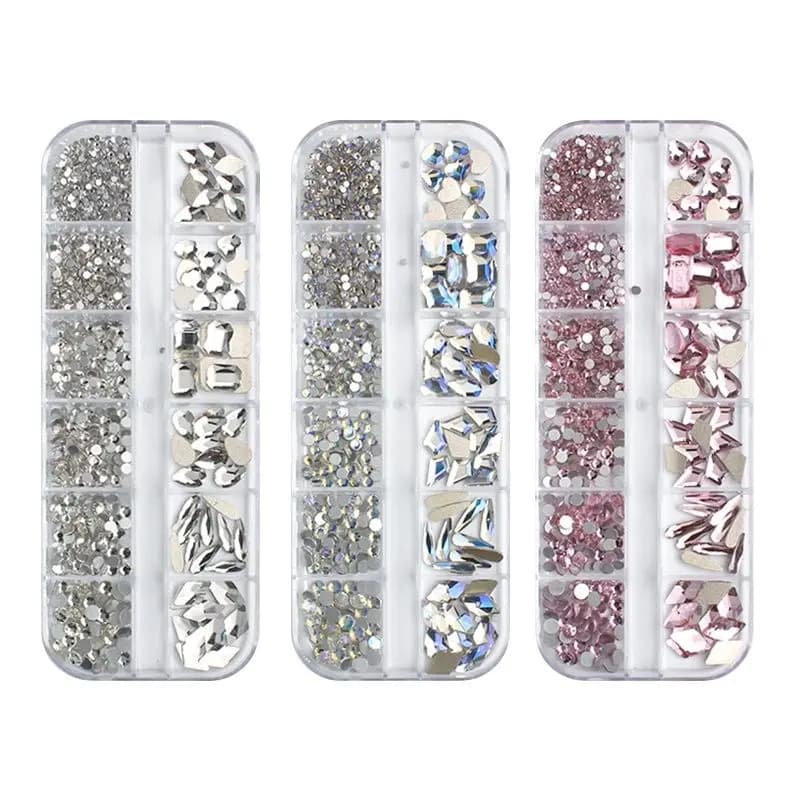Scatola a 12 griglie nuovo Set con retro piatto strass fantasia e piccola combinazione di diamanti rotondi per accessori per Nail Art fai da te cristalli