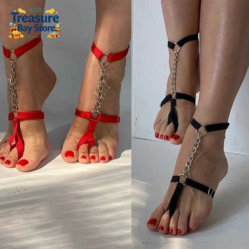 Black Gothic Chain Elastic Bandage Anklet Bracelet Women Barefoot Sandals Foot Belt Summer High Heel Prom Party Foot Accessories