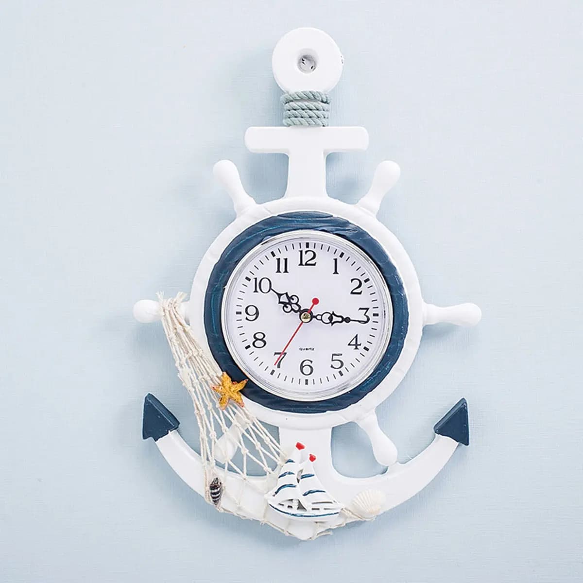 Creative Ship Wall Clock Wooden Plastic Mediterranean Style Boat Anchor Hanging Clock Home Decoration Mirror Surface