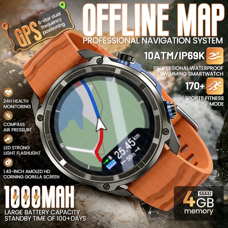 Nuovo Smartwatch GPS 2026 con Mappe Offline, Altimetro, Batteria 1000mAh, Impermeabile 10ATM, Chiamate BT, Memoria 4GB, per Sport all'Aperto