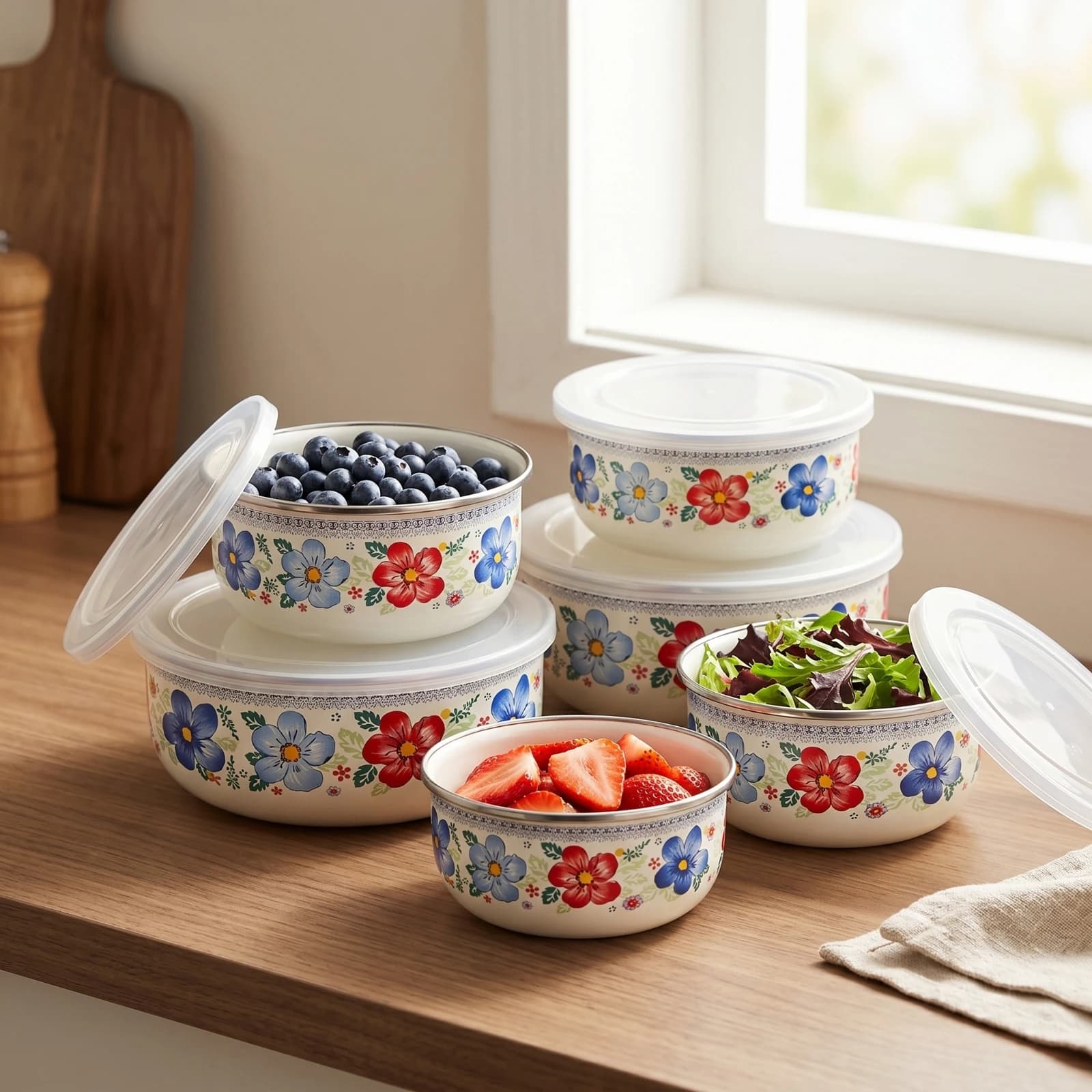 5 Pieces Enamel Bowls with Lids Glossy Storage Bowl with Lid Enamelware Food Containers Easy to Clean Nesting Bowl Set Reusable