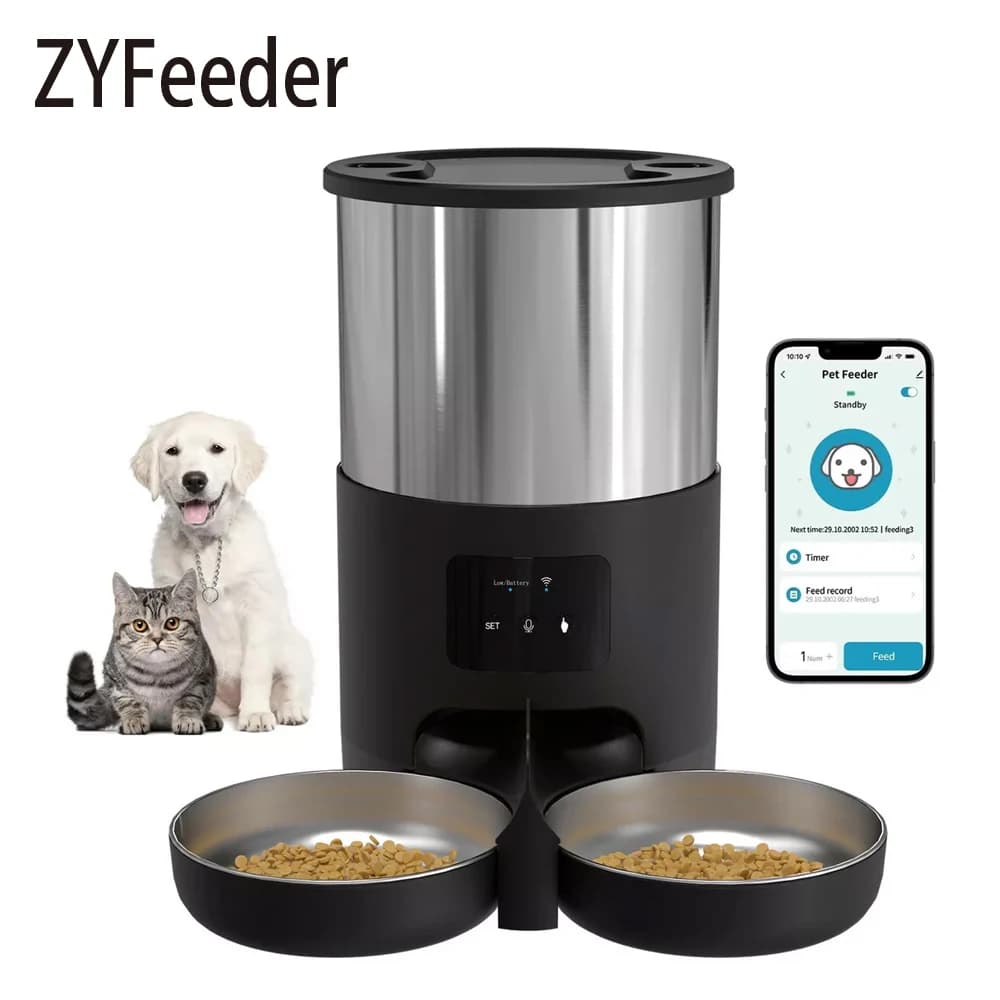 4.5L Pulsante WIFI Doppio Pasto Alimentatore per Animali Domestici Alimenti per Gatti Dispenser Automatico Alimentazione Remota Doppia Ciotola in Acciaio Inox Mangiatoia per Cani Gatto