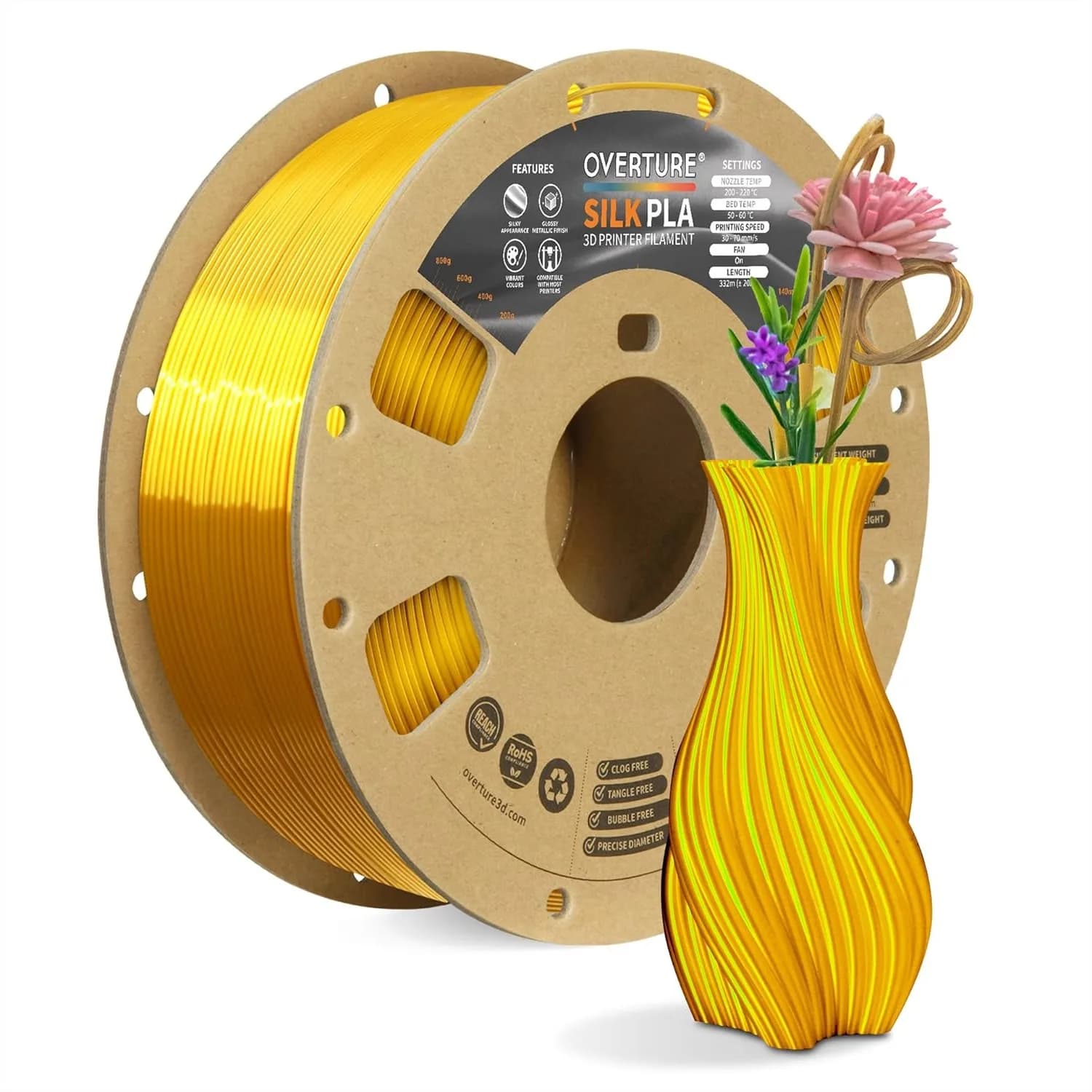 Filamento PLA Seta 1.75mm Anti-intasamento Lucido Bobina da 1kg (2.2 libbre) Precisione Dimensionale +/- 0.02mm per la Maggior Parte delle Stampanti FDM Seta Oro