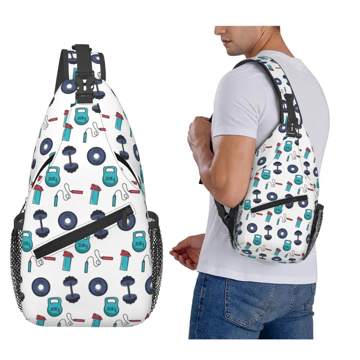 Gym Essentials Shaker, Kettlebell, Dumbbells, Rope Chest Bag Men Sling Crossbody Backpack Chest Bag Travel Daypack Shoulder Bag