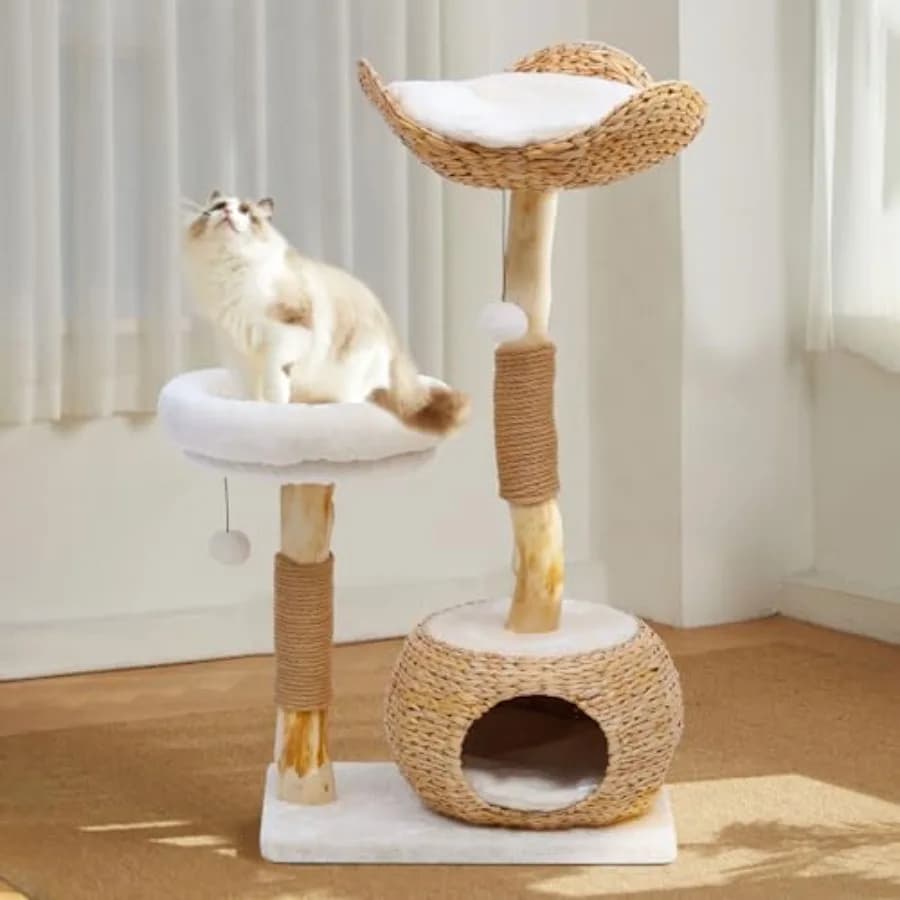 Moderno Albero per Gatti in Legno a 40 Livelli con Piattaforme per Saltare, Cesti, Tiragraffi e Cuccia per Gatti da Interno e Gattini
