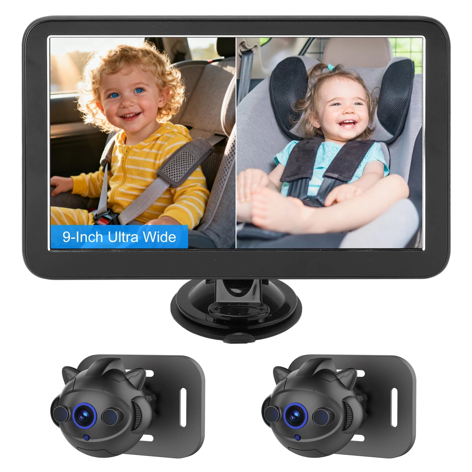 Monitor per Bambini con Telecamera da Auto 9 Pollici 1080P, Doppio Canale con Visione Notturna IR 150 ° Ampio Angolo di Visione per Sedile Posteriore