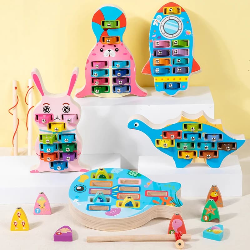 Giocattoli da pesca per animali per bambini gioco di pesca magnetico in legno Montessori canna da pesca per cartoni animati giocattoli educativi per bambini regalo di natale