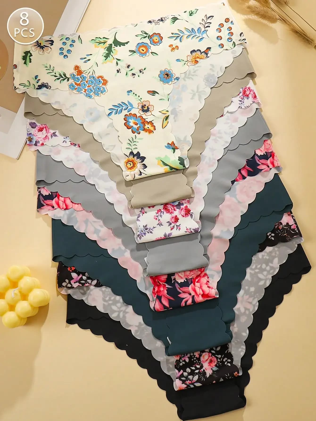 8pcs/Pack Women's Seamless Wavy Edged Floral Print Triangle Panties, Soft Smooth Fabric Underwear