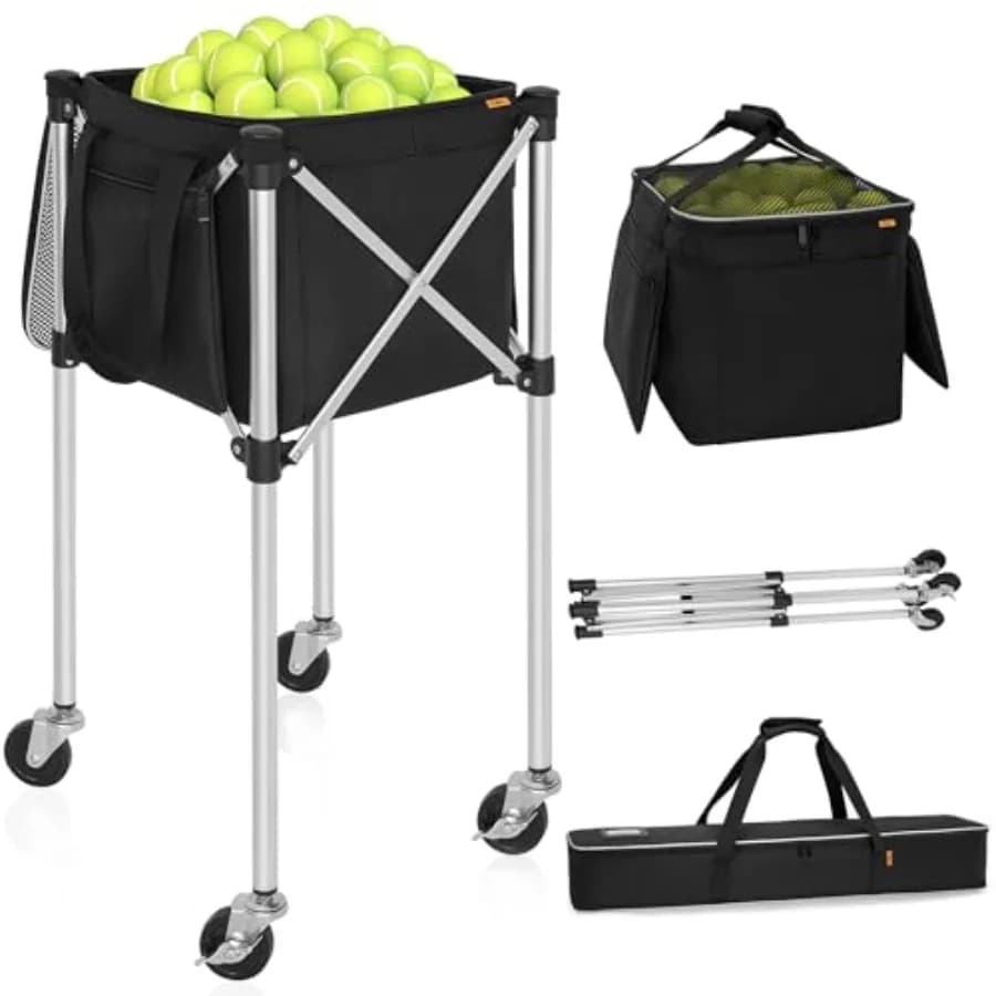 Carrello Pieghevole per Palline da Tennis con Ruote, Contiene 180 Palline, Carrello Sportivo con Borsa Portaoggetti in Lega di Alluminio Leggera