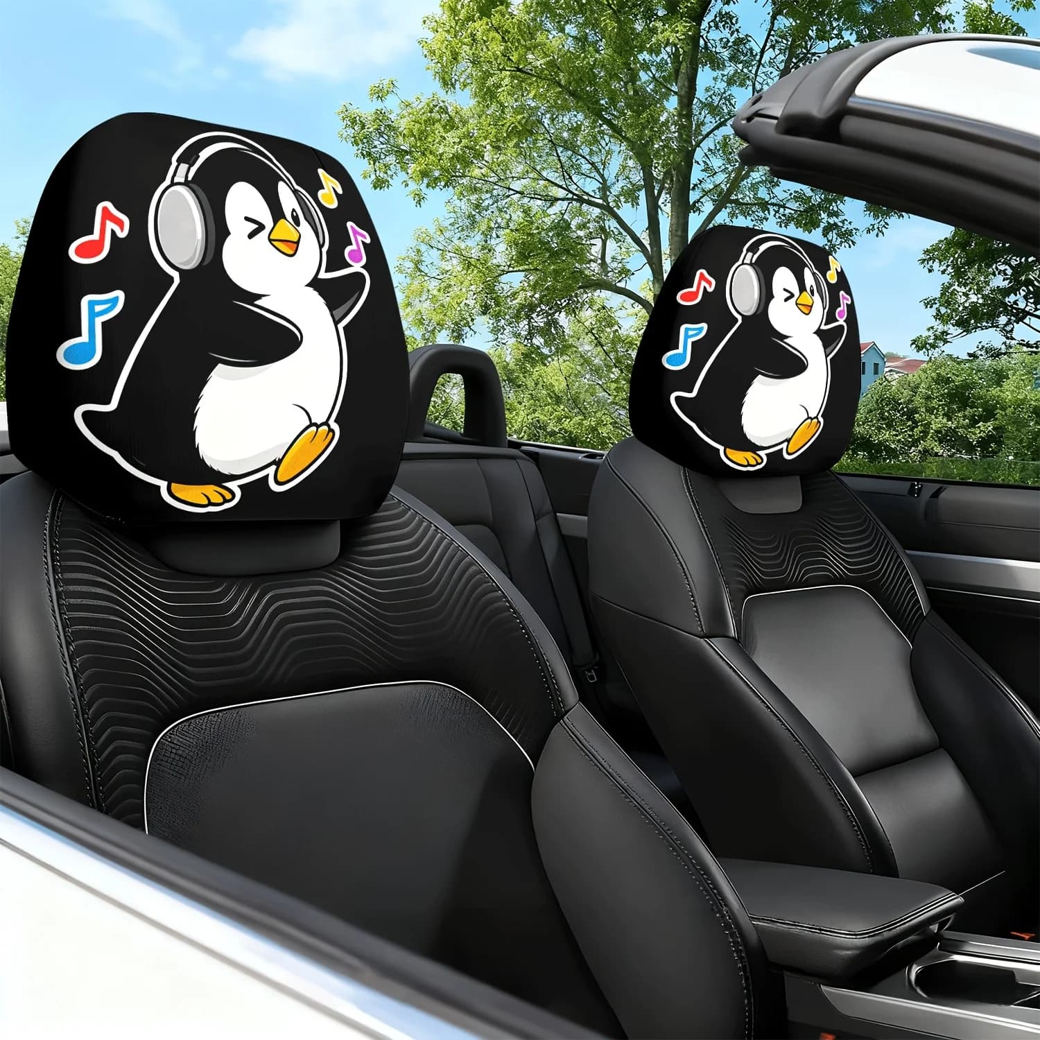 2 Pezzi Copri Poggiatesta Auto con Stampa Tema Pinguino che Indossa Cuffie - Design Carino - Accessori Auto