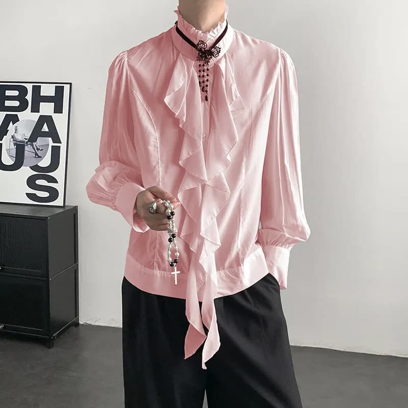 Retro Court Gentle Sle Pink irt Modello da uomo Sentimenti di fascia alta Balza Sa Colletto rialzato irt Slim Fit Lungo Sve Polyes...