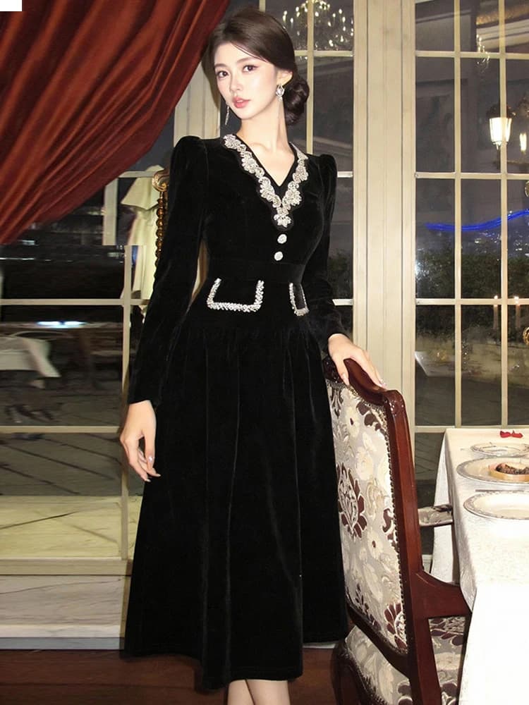 Nuovo Abito Midi Elegante da Donna in Velluto Nero di Lusso con Scollo a V e Perline, Vestito Formale da Sera a Trapezio, Abito da Festa, Moda Quotidiana, Casual