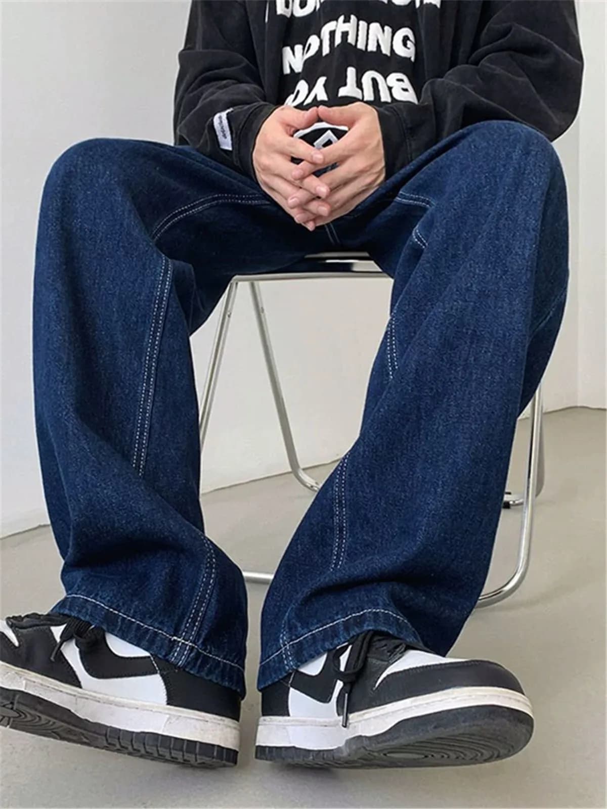 Jeans da Uomo a Gamba Dritta, Blu Scuro Vintage, Stile Americano High Street, Nuova Moda Autunno Inverno, Casual e Comodi in Denim