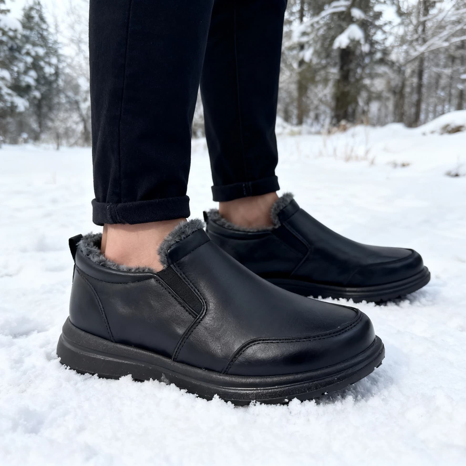 Men's Faux Fur Lined Winter Ankle Boots, Waterproof Slip-On Non-slip Snow Shoes, Warm Comfortable Outdoor Boots, Drop Shipping