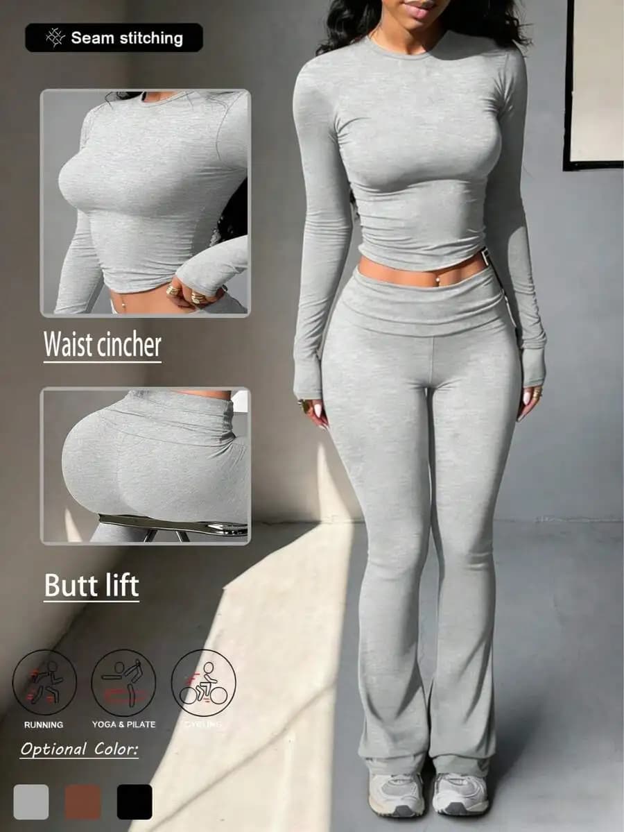 Set Sportivo da Donna per Sollevamento Glutei, Top Corto a Maniche Lunghe, Leggings a Vita Alta e Gamba Larga, Abbigliamento Seamless per Yoga e Palestra