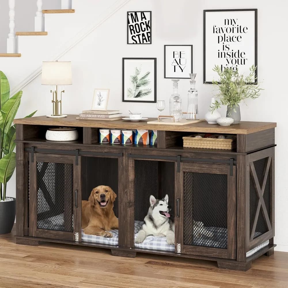 Mobili per casse per cani da 71" per 2 cani, cuccia per cani con 3 cassetti portaoggetti e divisorio rimovibile, gabbia per cani doppia extra large come TV Sta