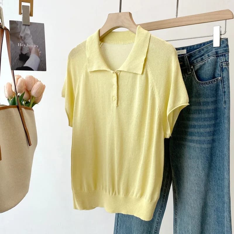 Dave&di 26 Summer New Product Simple French High Quality And Paper Yarn Collar Solid Color Short Sleeve Knitted Top