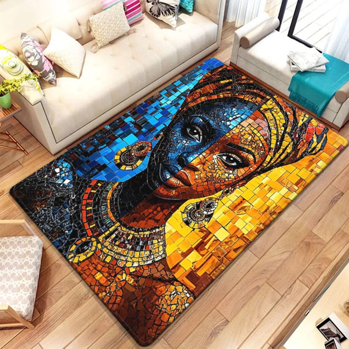 African mosaic woman art rug ethnic cultural decoration colorful tribal pattern modern living room carpet