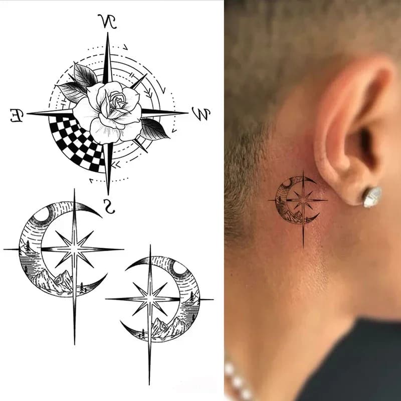 Adesivi per tatuaggi Bussola Fiore Stella Luna Freccia Trucco Collo Mano Piede Braccio Tatto falso per donne Uomini Body art temporaneo impermeabile