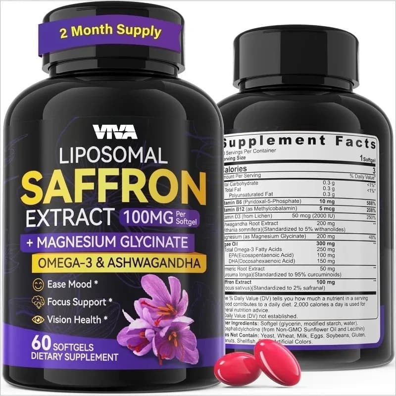 Liposomal supplements of saffron contain magnesium glycinate Omega-3 centersCurcuma, vitamin B6, B12, D3-60 capsules.