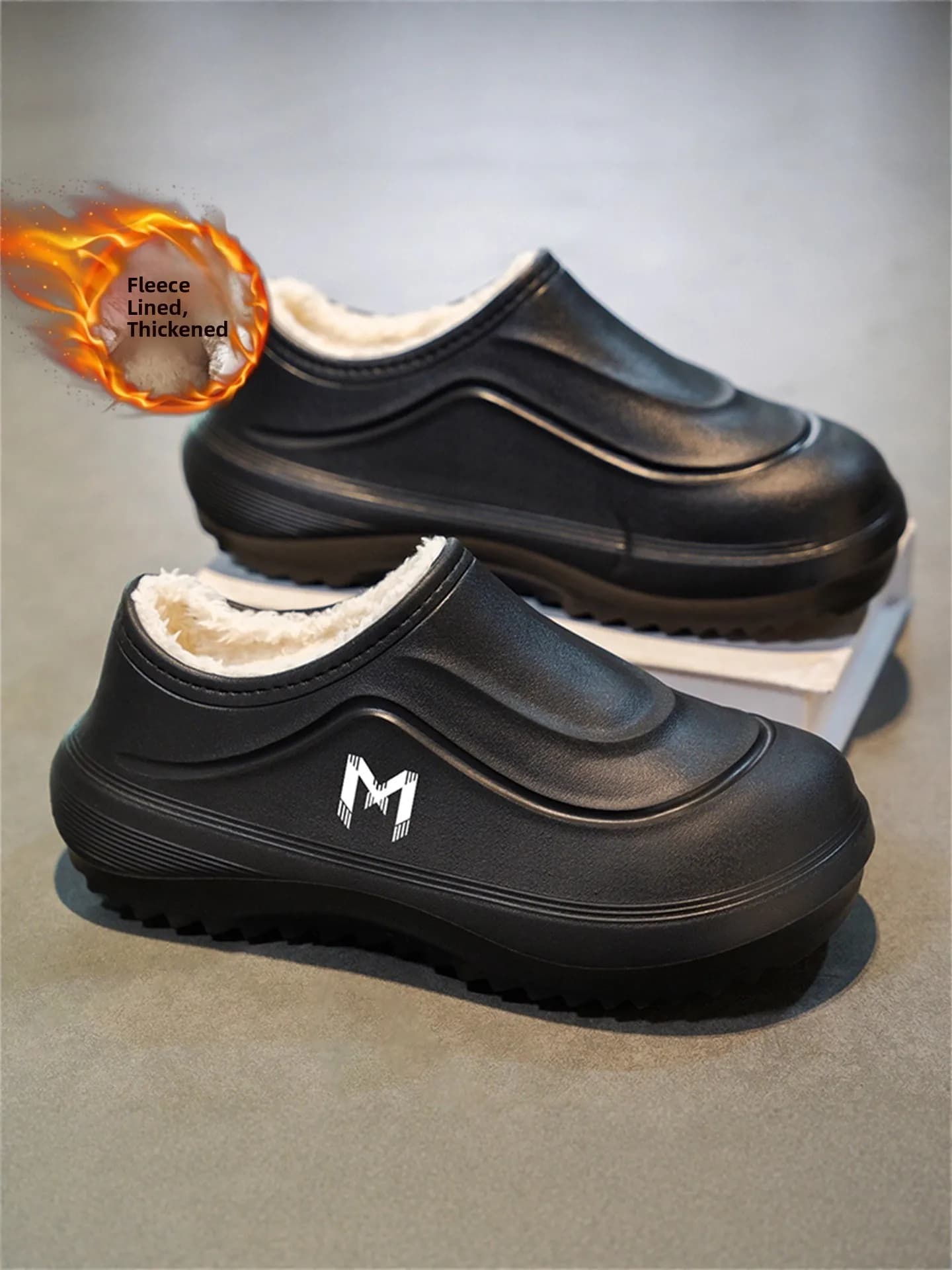 Men's Cotton Slippers Winter Thickened Fleece Warm Slip-On Home Outdoor Wear Waterproof Non-Slip Work Chef Shoes EVA Material
