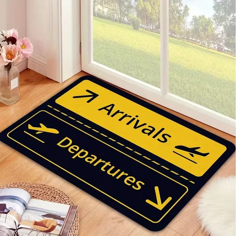 Zerbino con cartello dell'aeroporto Tappeto da ingresso divertente con reparti di arrivi Grafica Nero Giallo Blu navy Tappetino di benvenuto moderno regalo