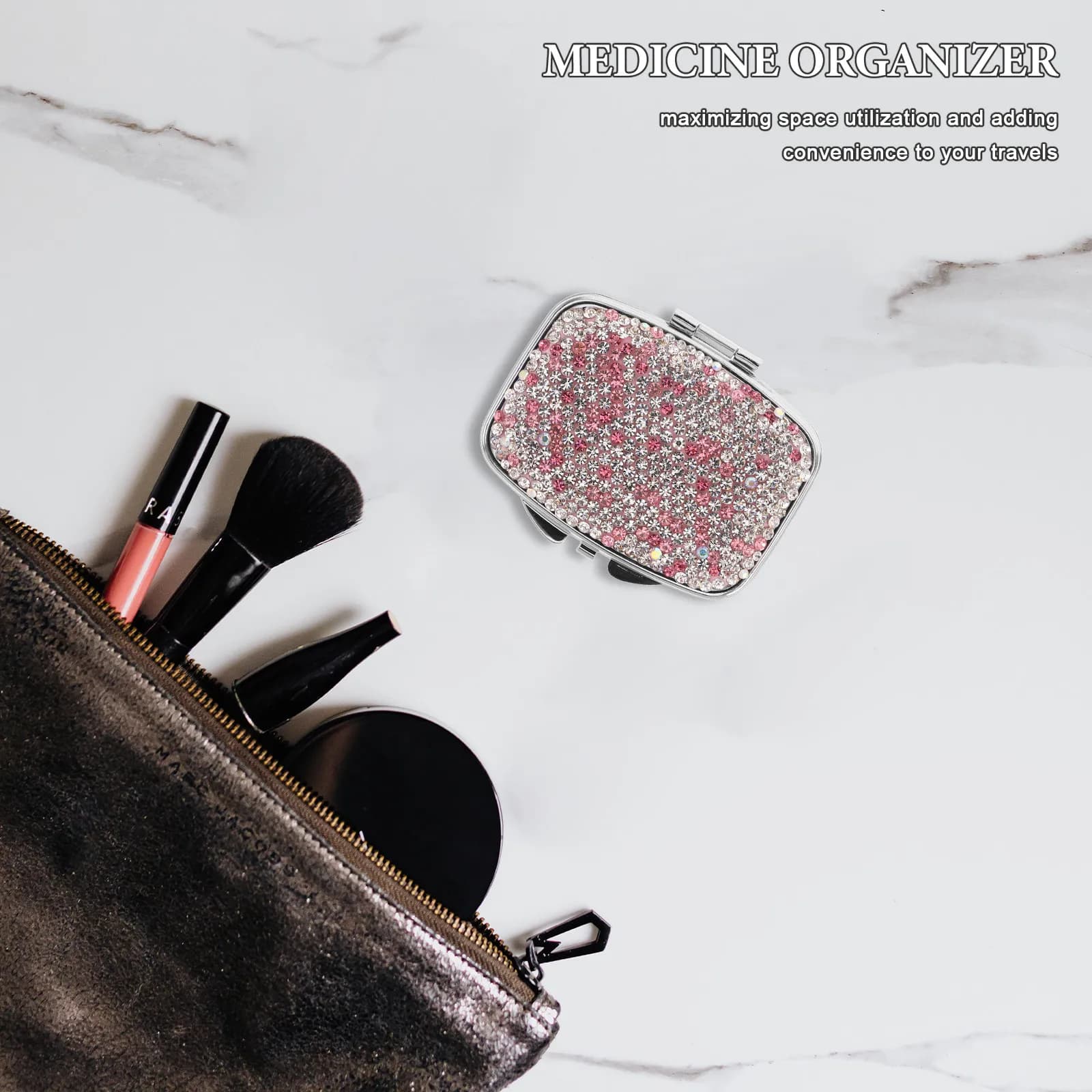 Mini Pocket Medicine Pill Organizer Compact Elegant Rhinestone Portable Travel Daily Use Multi Compartment Vitamins Supplements