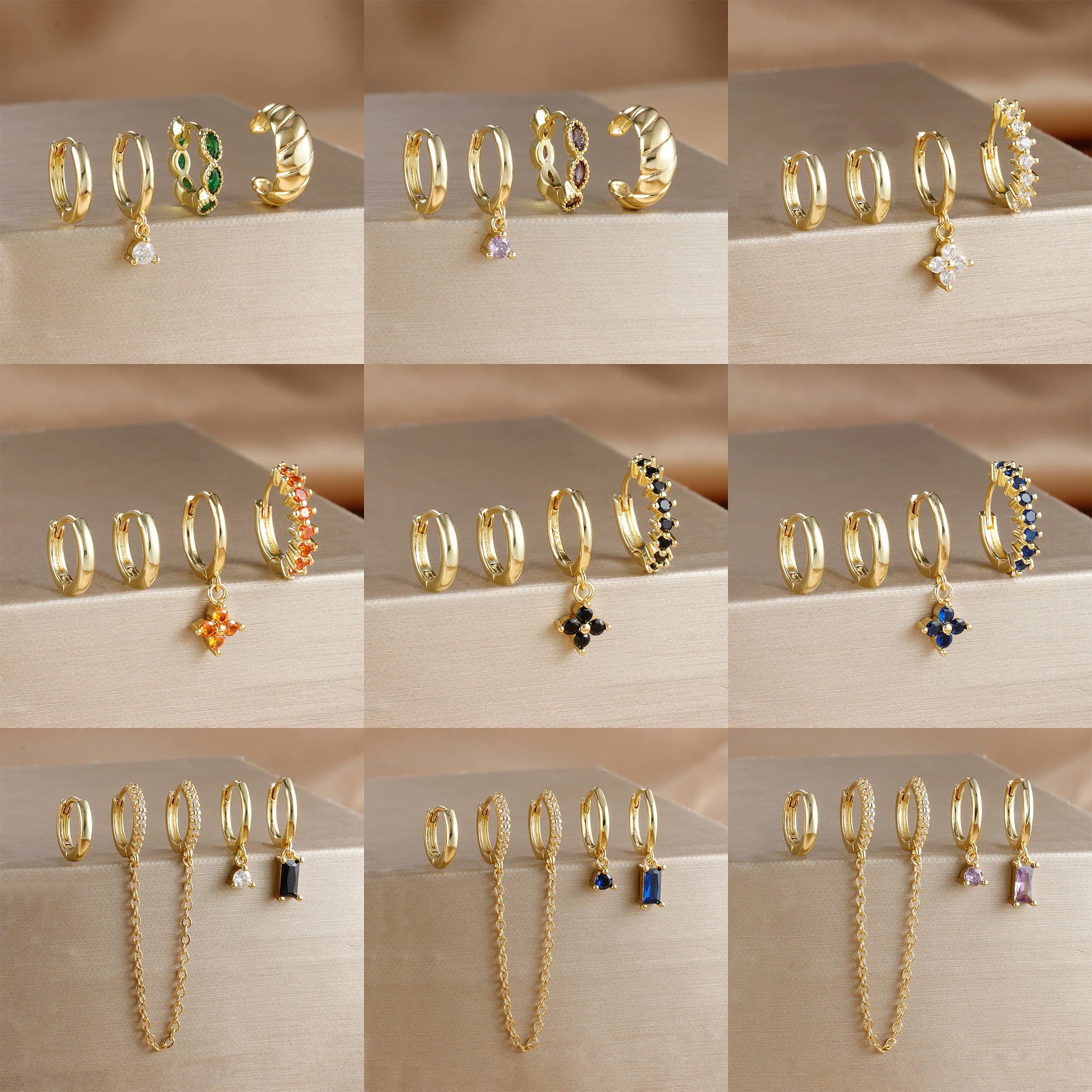 4PCS Fashion Four Flower Stainless Steel Zircons Small Dangle Earrings Set For Women Geometric Circle Cartilage Piercing Jewelry