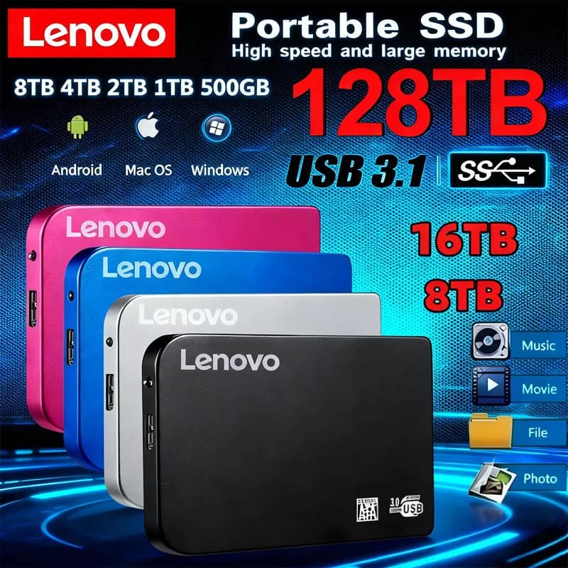 Lenovo 128TB High Speed USB 3.0 SSD, External Disk Box Mobile with USB 3.0 Cable, ABS