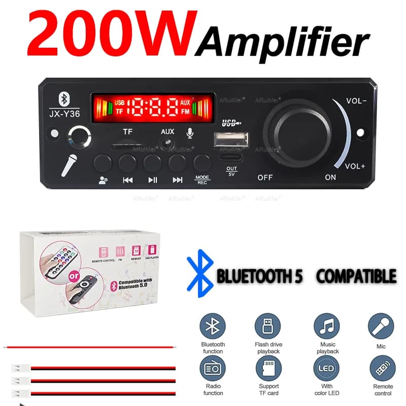 200W Amplificatore Bluetooth 5 Scheda di Decodifica MP3 2*100W Lettore Audio 26V FAI DA TE Lettore MP3 Auto Modulo Radio FM TF USB Mic Registra Chiamata