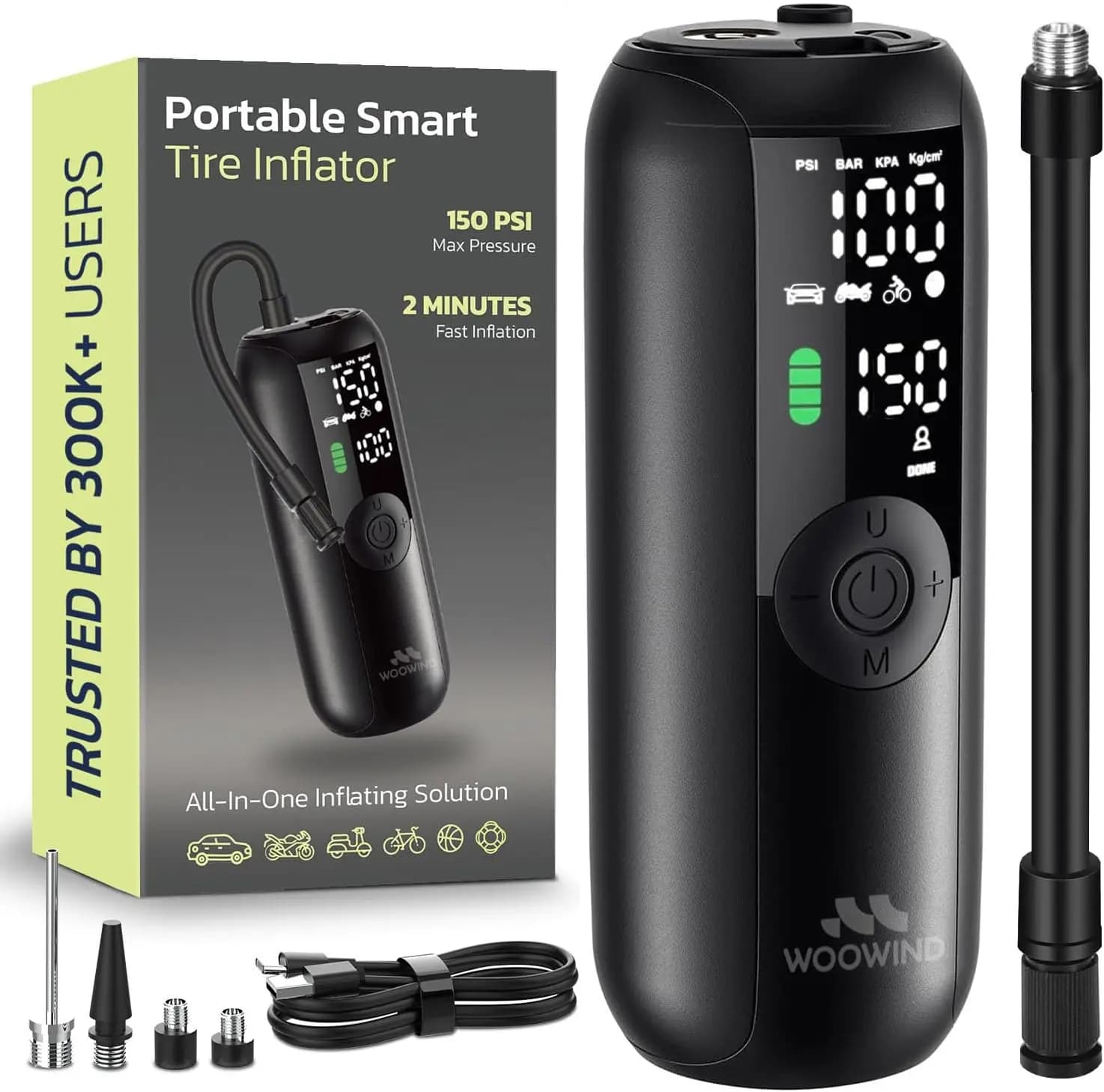 Gonfiatore Portatile per Pneumatici Auto, Pompa per Biciclette, Compressore d'Aria Portatile, Gonfiaggio in 1 Minuto, Pompa d'Aria 150PSI per Pneumatici Auto, Biciclette