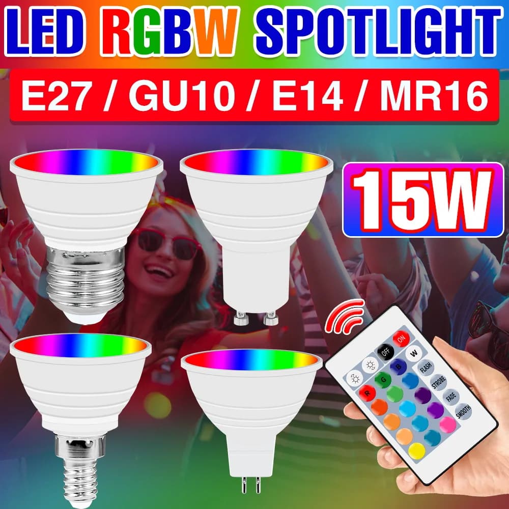 Lampadina LED 15W RGBW E27/E26 Faretto colorato GU10 Lampada da soffitto E14 IR Telecomando dimmerabile MR16 per decorare feste in casa