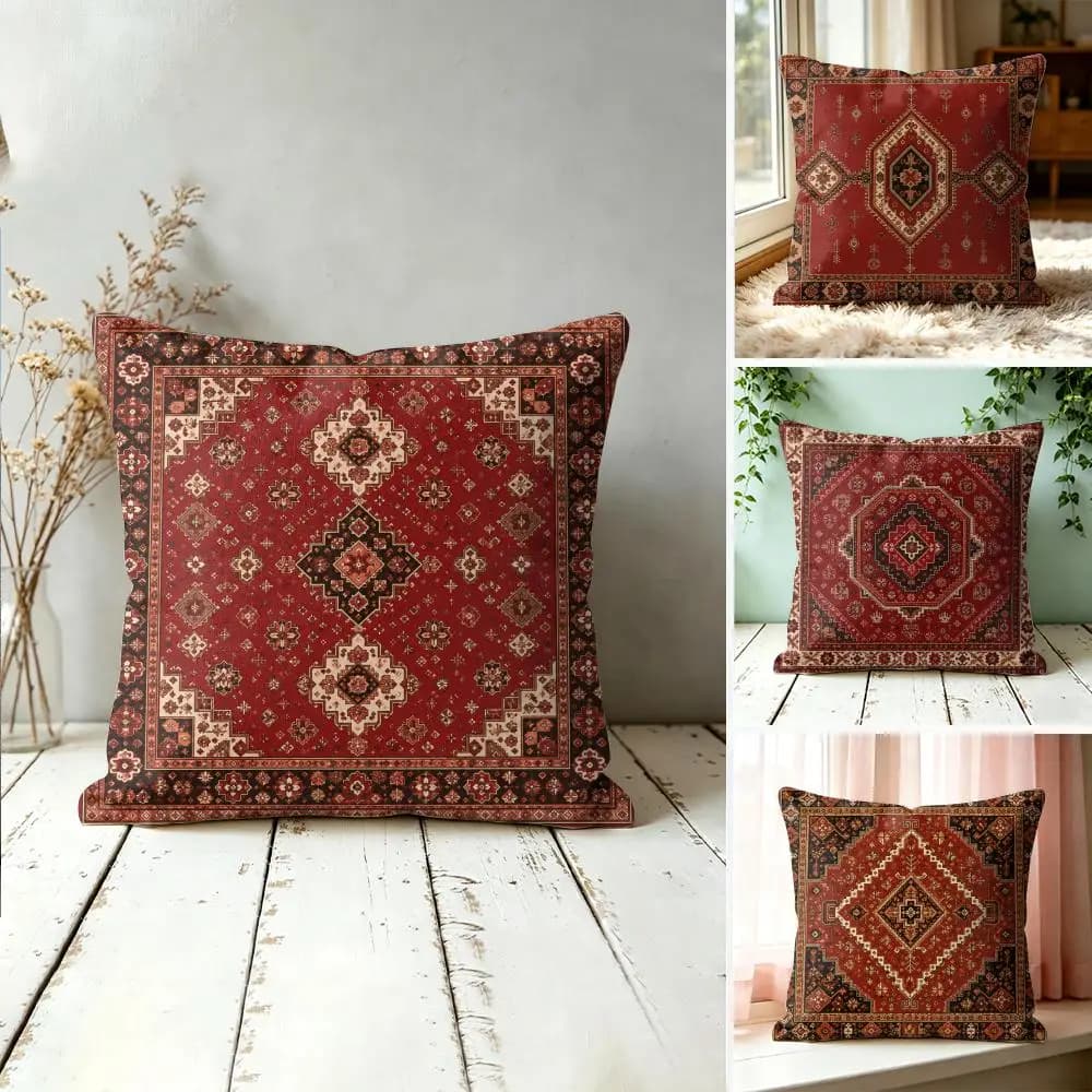 Retro Red Ethnic Style Pillow Case Double-Sided Plush Sofa Cushion Covers Organic Breathable Invisible Zipper