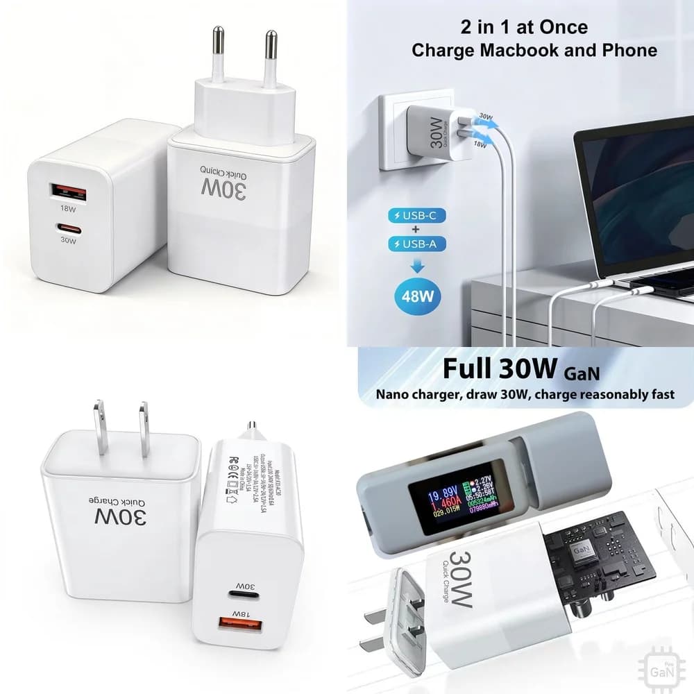 Compact 30W PD Fast Charger Dual Port EU US Plug Safe Charging for iPhone 17 16 15 Pro Max Samsung S26 S25 S24 Ultra Google