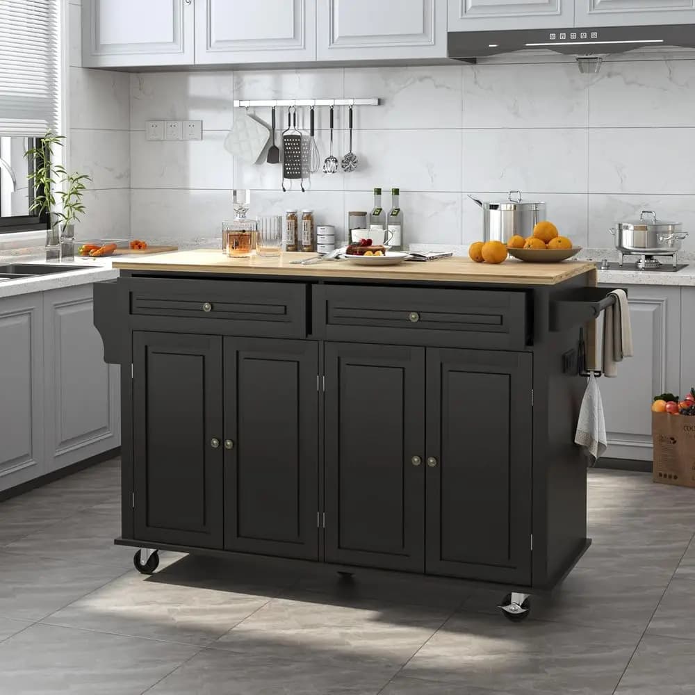 Isola da Cucina Mobile 59 con Piano in Legno, Bancone Colazione Pieghevole, Armadietto Contenitore, Porta Spezie e Portasciugamani, Nera