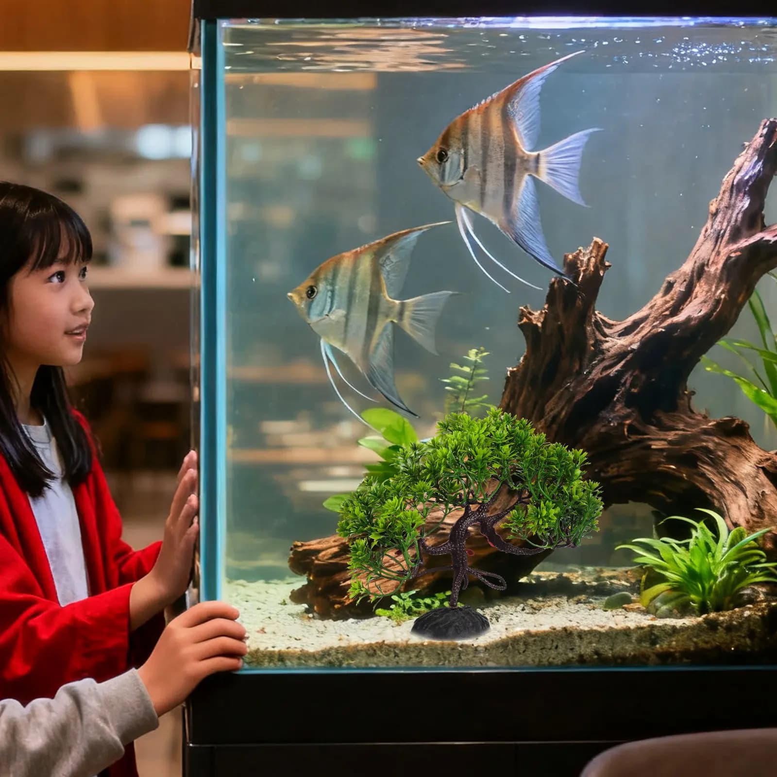 2 Pezzi Albero di Pino Artificiale per Acquario, Decorazione per Vasca dei Pesci, Bonsai in Plastica Sicuro per Acqua Dolce e Salata, Rettili