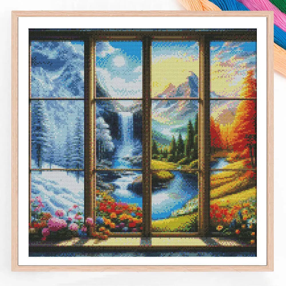 The Waterfall And Mountain Scenery Outside The Window Embroidery DIY Printed Kits Cross Stitch Needlework Sets Crafts