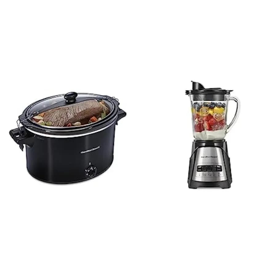 Pentola a cottura lenta extra large da 10 quarti nera per preparare pasti, frullatore con contenitore in vetro da 40 oz nero per frullati, puree, ghiaccio tritato