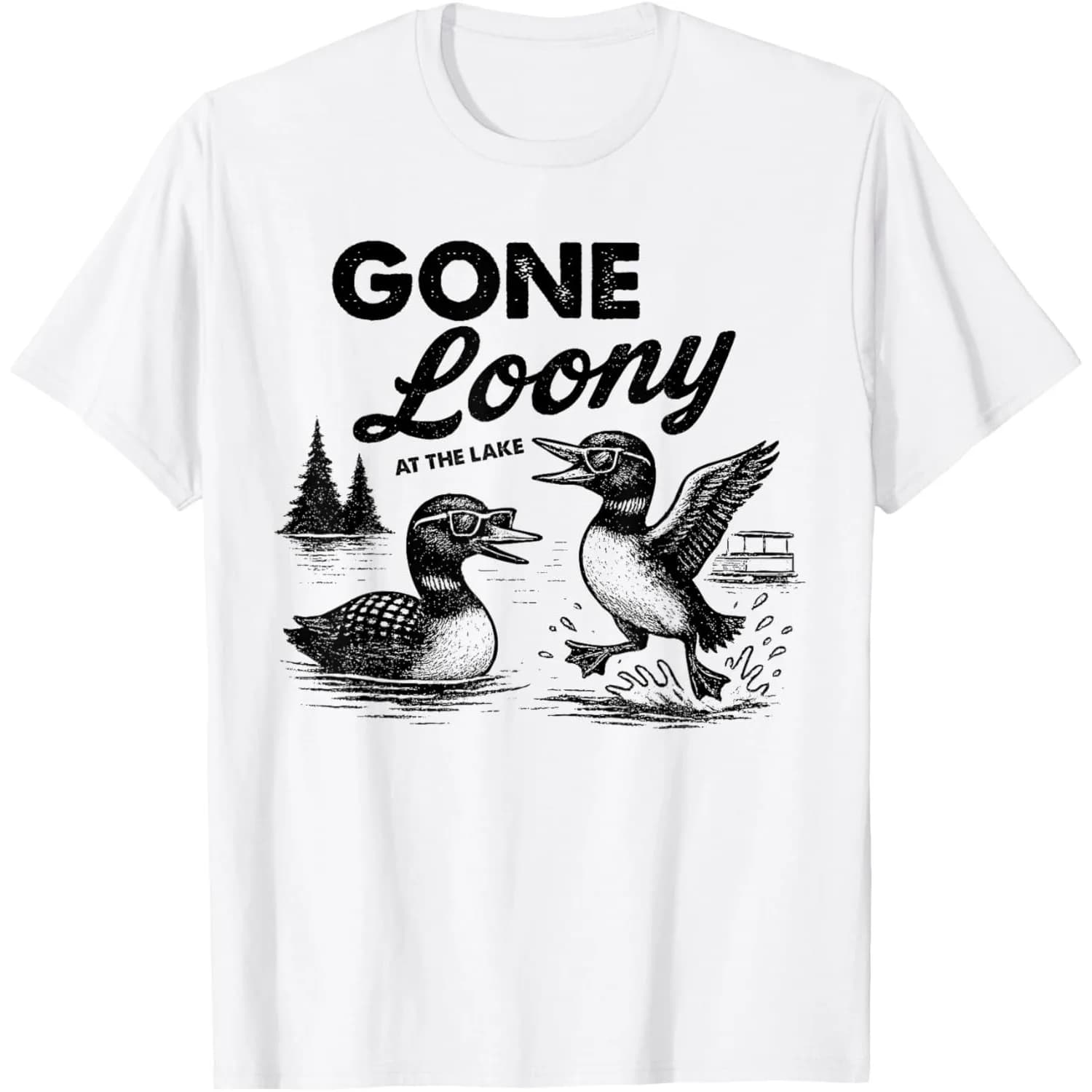 Gone Loony At The Lake Funny Loon Wearing Sunglasses Graphic T-Shirt Men's Cotton Crewneck