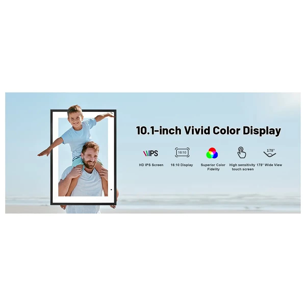 Cornice Digitale ABZJ, Cornice Portafoto da 10.1 Pollici con Schermo Touch IPS HD 1280x800, Memoria da 32GB per Condividere Foto Tramite APP